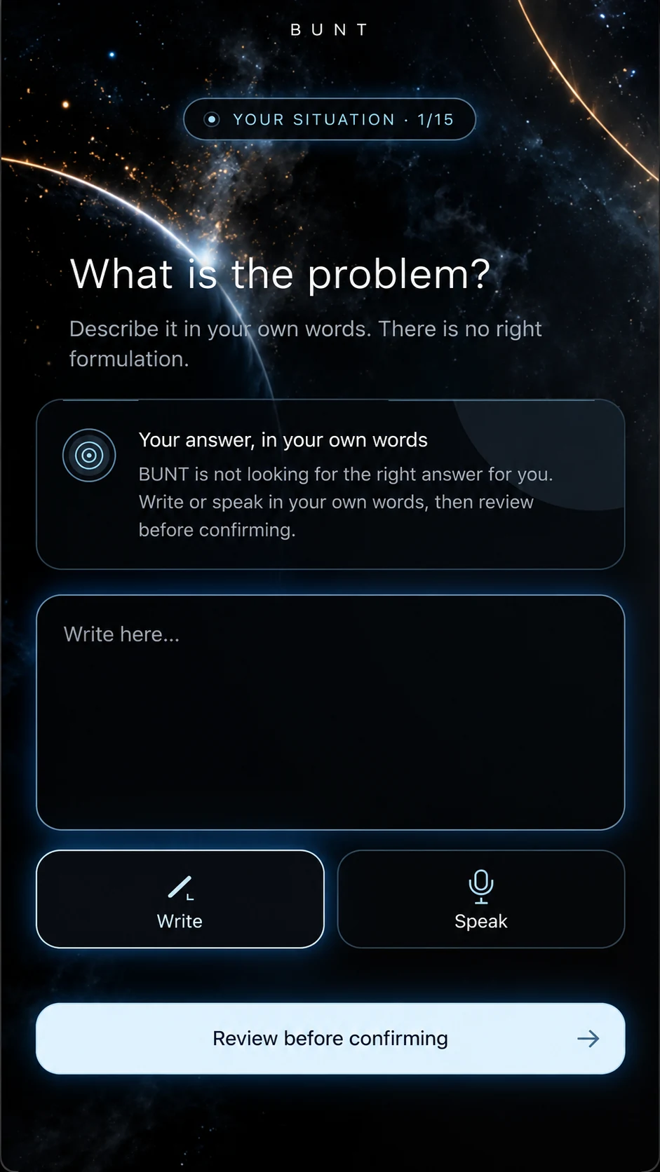 BUNT screen in English asking what the problem is