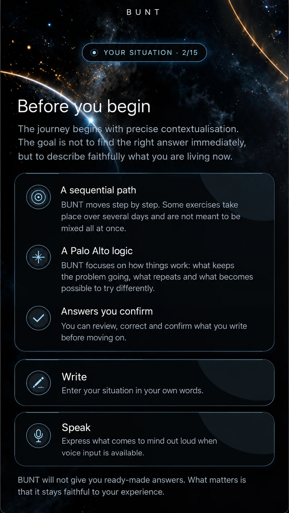 BUNT onboarding screen in English explaining the journey