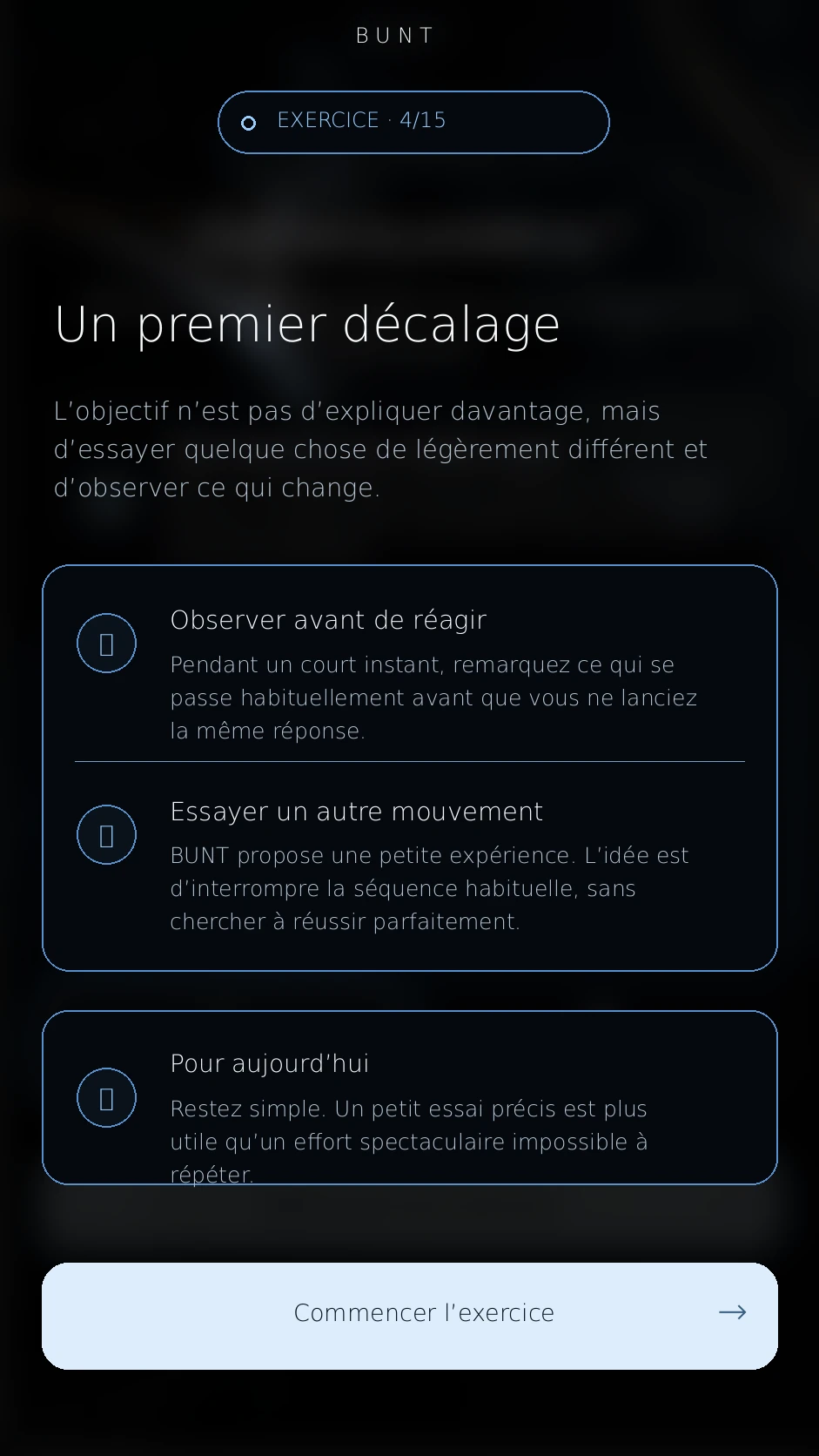 Écran d’exercice BUNT en français