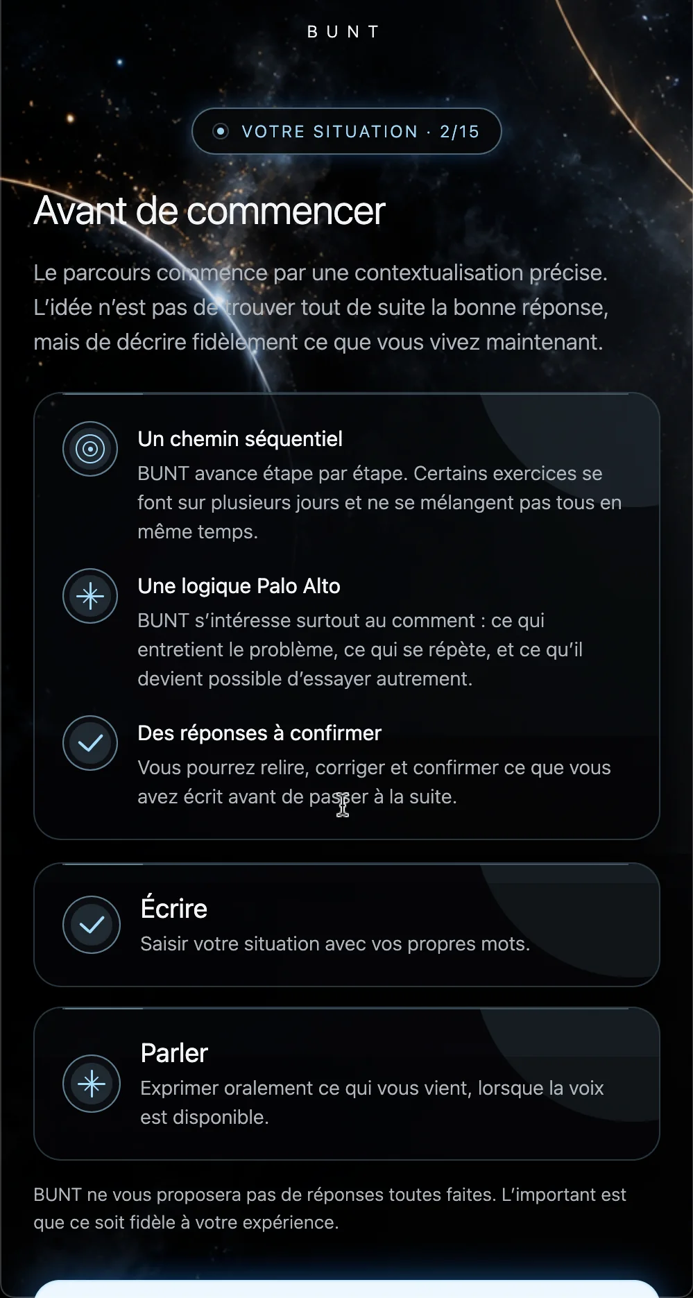 Écran BUNT en français présentant le parcours séquentiel
